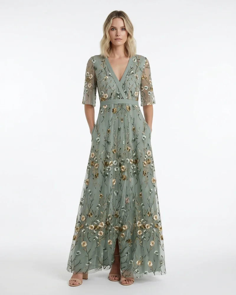 MARCFRANCOIS|Grün Kendall | Damen Maxikleid Blumen V-Ausschnitt, Vorderansicht