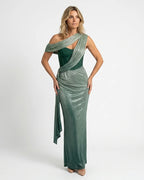 MARCFRANCOIS|Grün Karin | Damen One-Shoulder Abendkleid Metallic Maxi, Vorderansicht