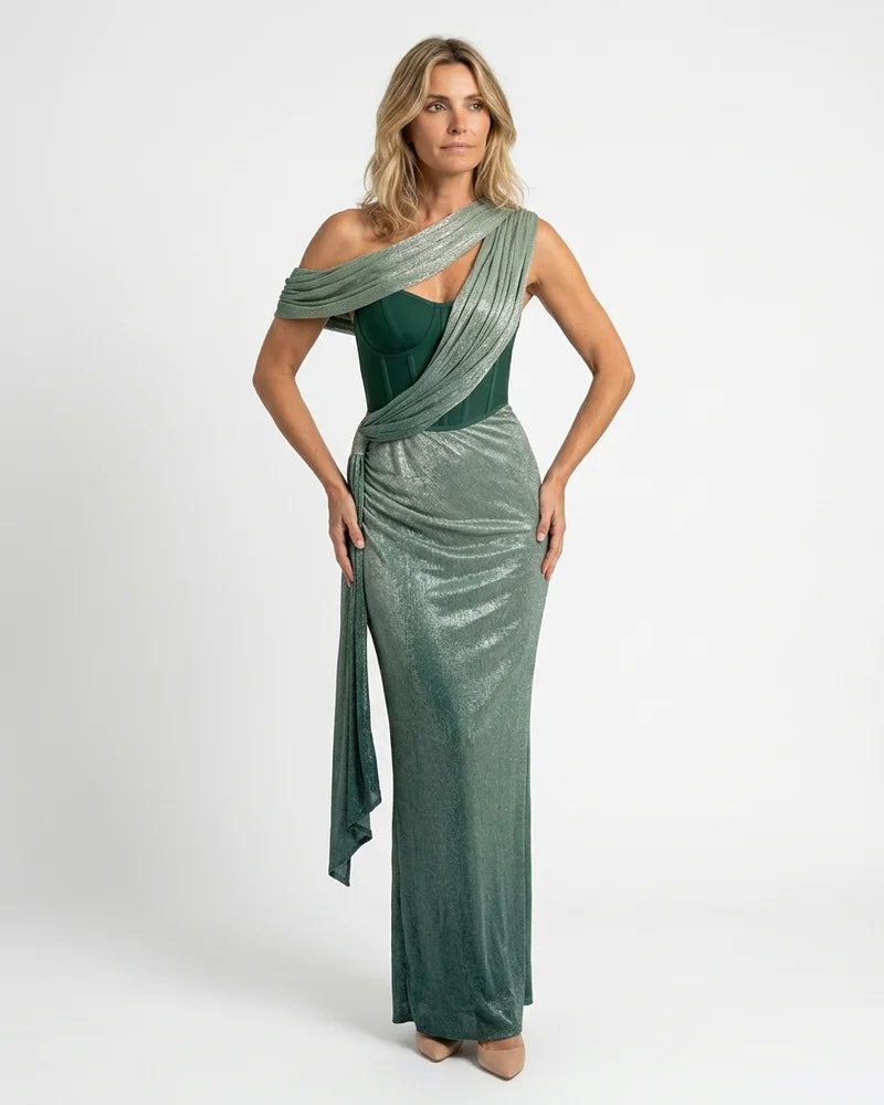 MARCFRANCOIS|Grün Karin | Damen One-Shoulder Abendkleid Metallic Maxi, Vorderansicht