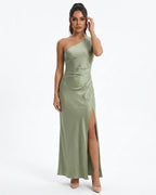 MARCFRANCOIS|Grün Signe | Damen Maxikleid One-Shoulder Elegant, Vorderansicht