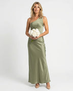 MARCFRANCOIS|Grün Signe | Damen Maxikleid One-Shoulder Elegant, Vorderansicht