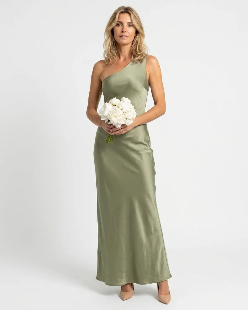 MARCFRANCOIS|Grün Signe | Damen Maxikleid One-Shoulder Elegant, Vorderansicht