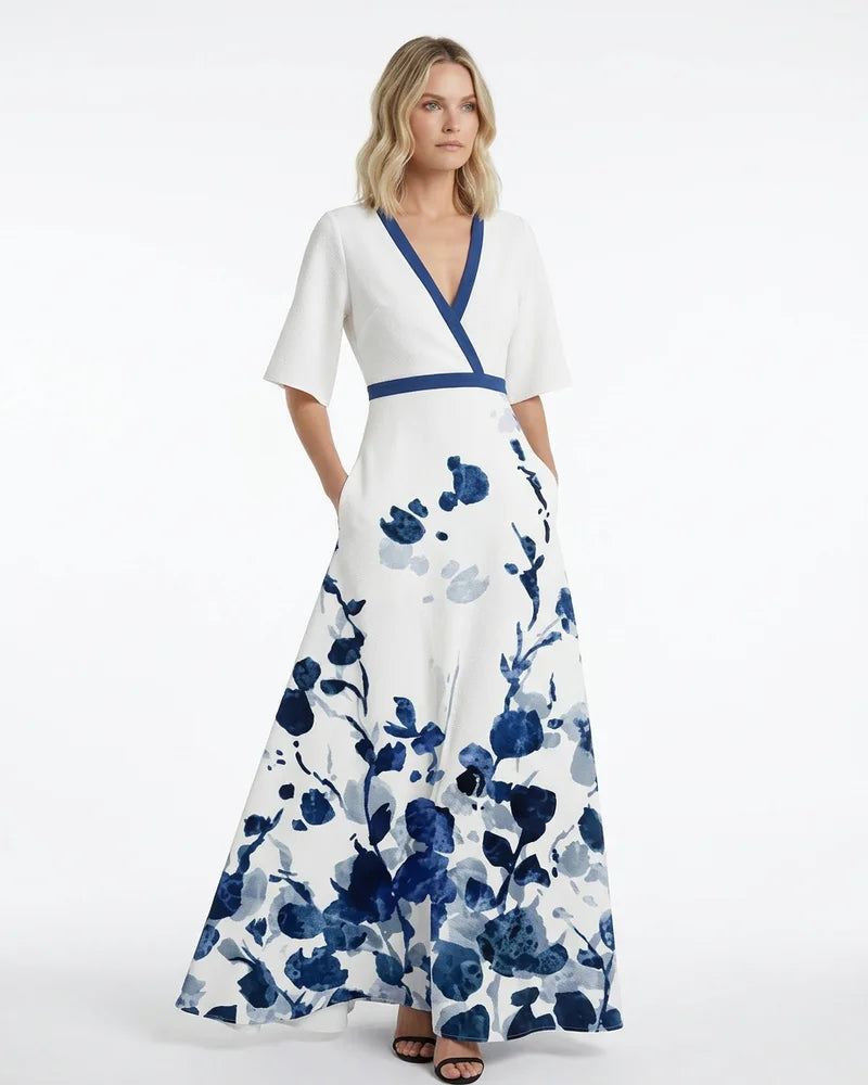 MARCFRANCOIS|Grün Kendall | Damen Maxikleid Blumen V-Ausschnitt, Vorderansicht