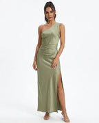 MARCFRANCOIS|Grün Signe | Damen Maxikleid One-Shoulder Elegant, Vorderansicht