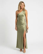 MARCFRANCOIS|Grün Signe | Damen Maxikleid One-Shoulder Elegant, Vorderansicht