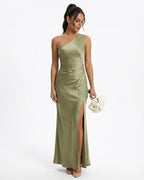 MARCFRANCOIS|Grün Signe | Damen Maxikleid One-Shoulder Elegant, Vorderansicht