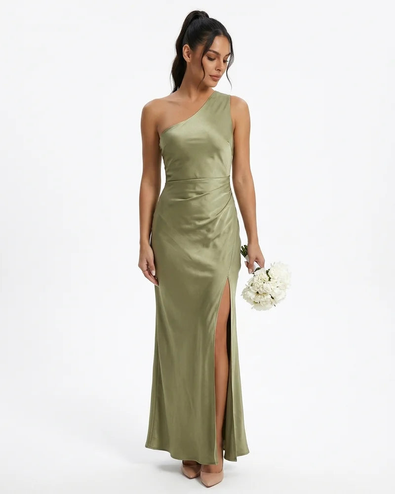 MARCFRANCOIS|Grün Signe | Damen Maxikleid One-Shoulder Elegant, Vorderansicht