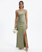MARCFRANCOIS|Grün Signe | Damen Maxikleid One-Shoulder Elegant, Vorderansicht