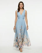 MARCFRANCOIS|Hellblau Petra | Damen Blumen Maxi Kleid V-Ausschnitt, Vorderansicht
