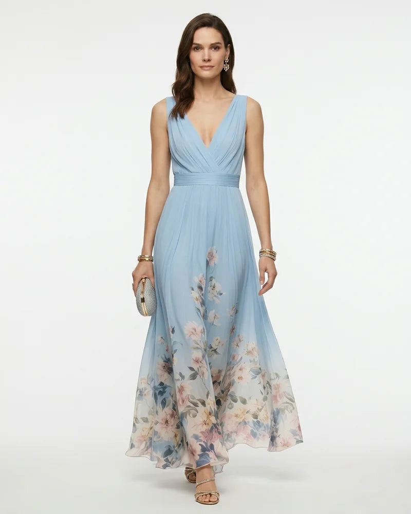 MARCFRANCOIS|Hellblau Petra | Damen Blumen Maxi Kleid V-Ausschnitt, Vorderansicht
