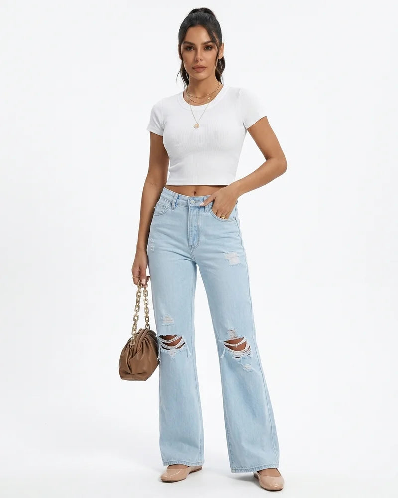 MARCFRANCOIS|Hellblau Britta | Damen High Waist Jeans Weites Bein, Vorderansicht