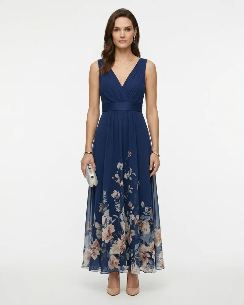 MARCFRANCOIS|Hellgrün Petra | Damen Blumen Maxi Kleid V-Ausschnitt, Vorderansicht