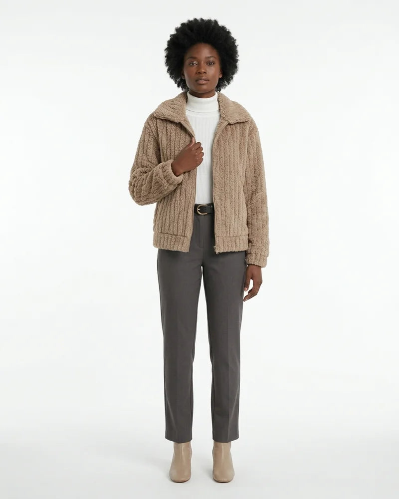 MARCFRANCOIS|Khaki Nina | Damen Teddyfell Jacke Reißverschluss, Vorderansicht