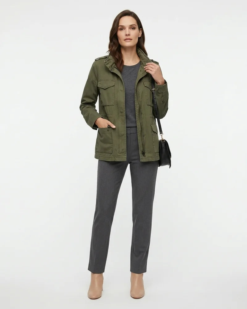MARCFRANCOIS|Khaki Sage | Damen Utility Jacke Reißverschluss Taschen, Vorderansicht
