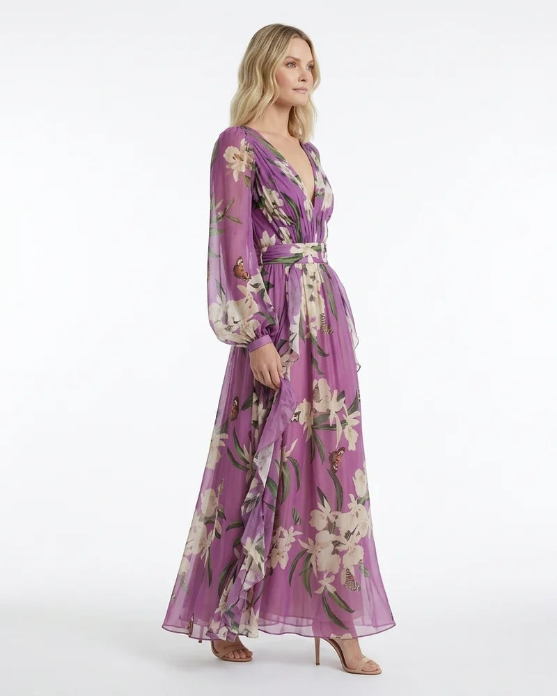 MARCFRANCOIS|Lila Lena | Damen Blumen Maxi Kleid V-Ausschnitt, Vorderansicht