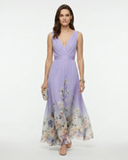 MARCFRANCOIS|Lila Petra | Damen Blumen Maxi Kleid V-Ausschnitt, Vorderansicht