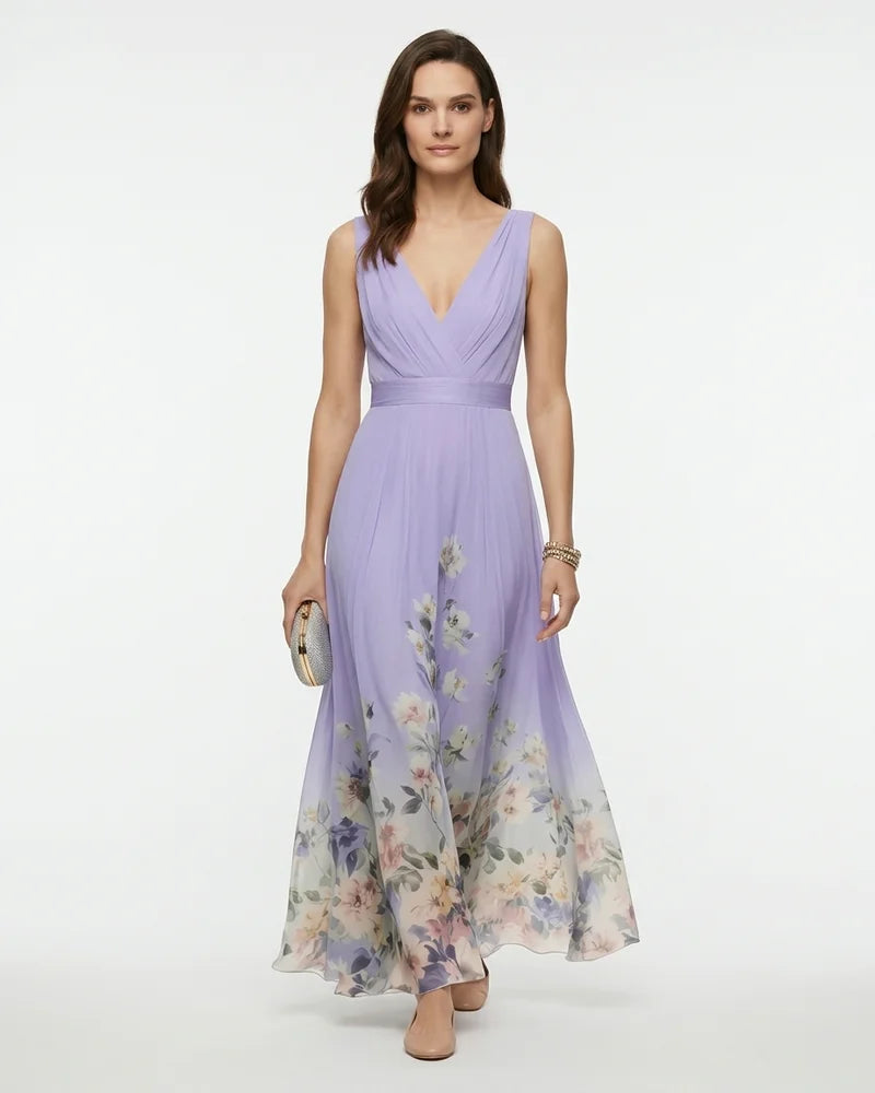 MARCFRANCOIS|Lila Petra | Damen Blumen Maxi Kleid V-Ausschnitt, Vorderansicht