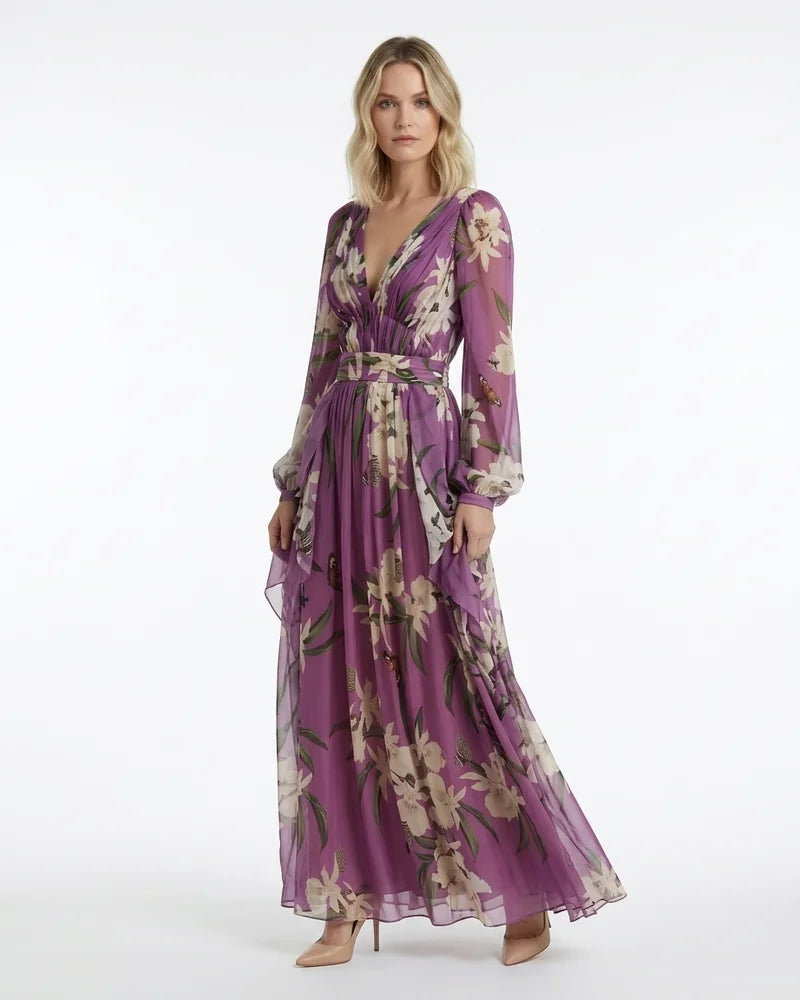 MARCFRANCOIS|Lila Lena | Damen Blumen Maxi Kleid V-Ausschnitt, Vorderansicht