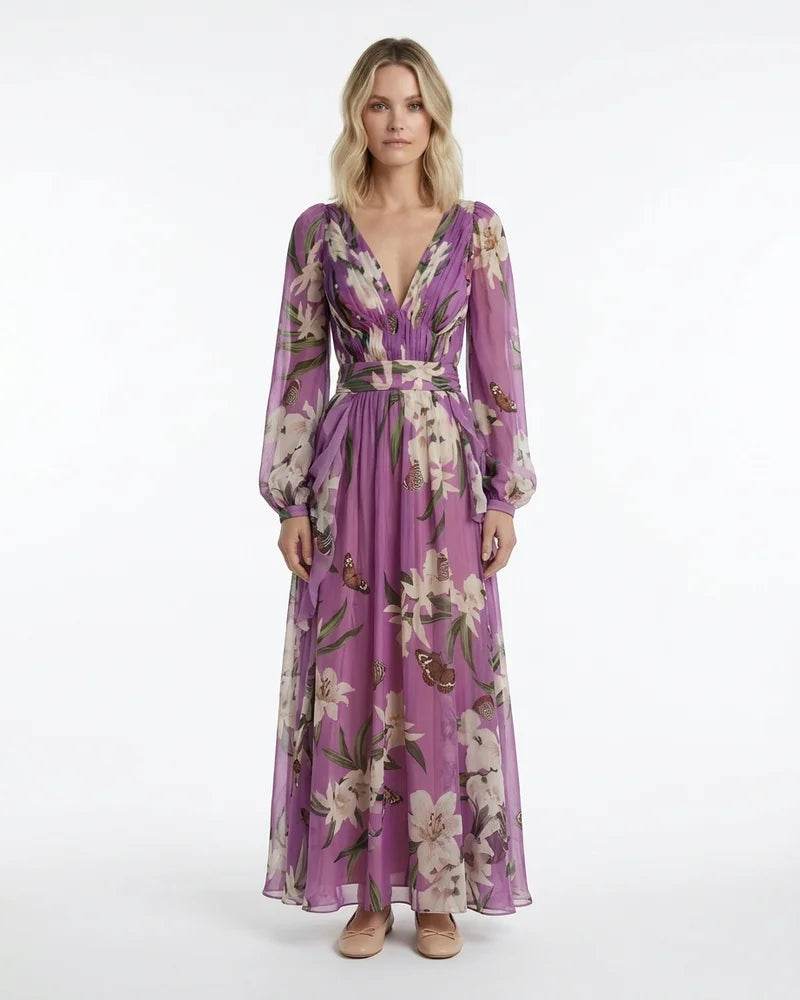 MARCFRANCOIS|Lila Lena | Damen Blumen Maxi Kleid V-Ausschnitt, Vorderansicht