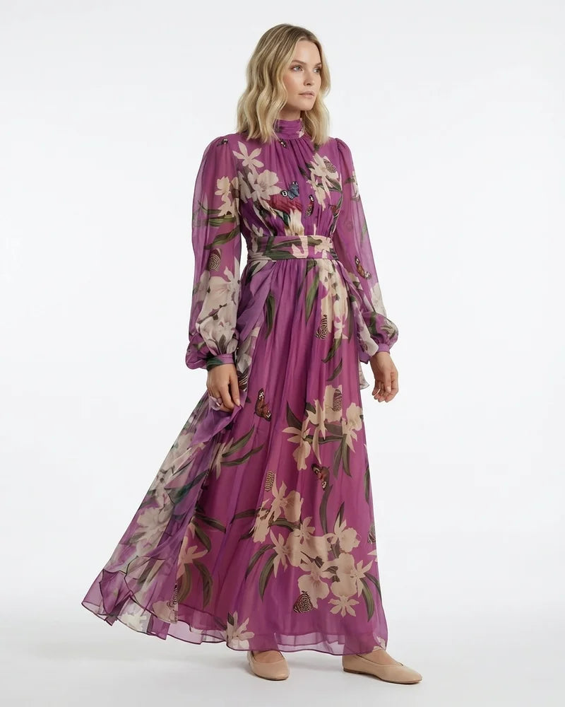 MARCFRANCOIS|Lila Lena | Damen Blumen Maxi Kleid V-Ausschnitt, Vorderansicht