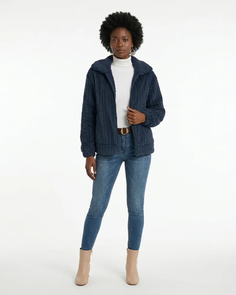 MARCFRANCOIS|Marineblau Nina | Damen Teddyfell Jacke Reißverschluss, Vorderansicht