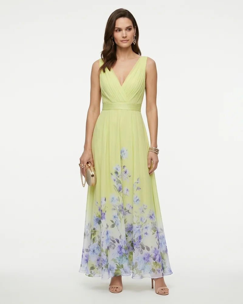 MARCFRANCOIS|Marineblau Petra | Damen Blumen Maxi Kleid V-Ausschnitt, Vorderansicht