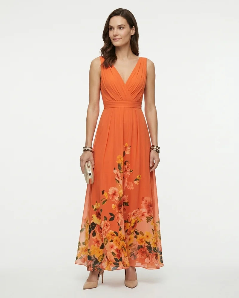 MARCFRANCOIS|Orange Petra | Damen Blumen Maxi Kleid V-Ausschnitt, Vorderansicht