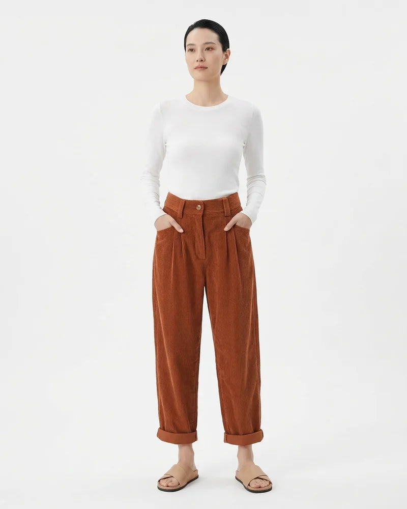 MARCFRANCOIS|Orange Marie | Damen Cordhose High Waist Weit, Vorderansicht