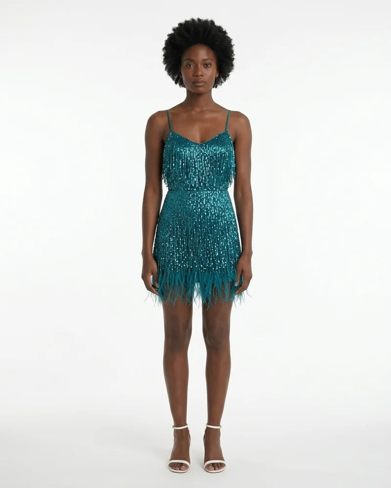 MARCFRANCOIS|Pfauenblau Cleo | Damen Minikleid Fransen Federbesatz, Vorderansicht