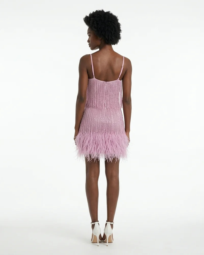 MARCFRANCOIS|Rosa Cleo | Damen Minikleid Fransen Federbesatz, Vorderansicht