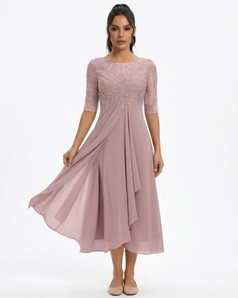 MARCFRANCOIS|Rosa Romy | Damen Spitzenkleid A-Linie Midi, Vorderansicht