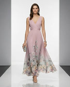 MARCFRANCOIS|Rosa Petra | Damen Blumen Maxi Kleid V-Ausschnitt, Vorderansicht