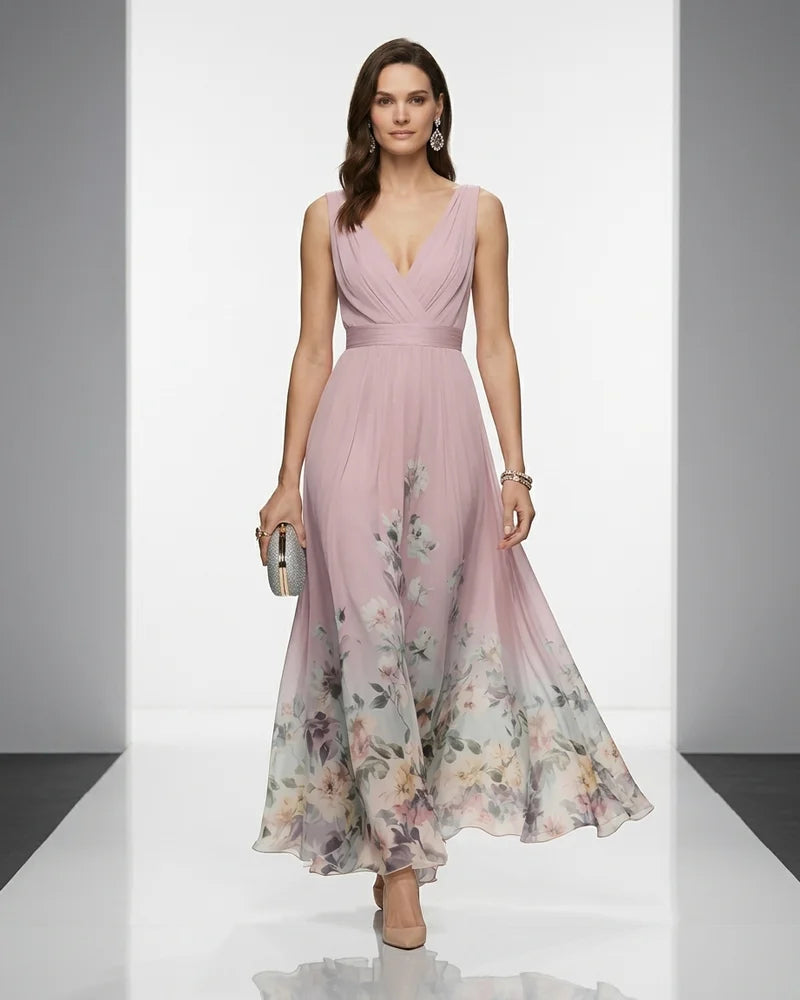 MARCFRANCOIS|Rosa Petra | Damen Blumen Maxi Kleid V-Ausschnitt, Vorderansicht