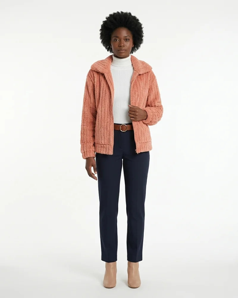 MARCFRANCOIS|Rosa Nina | Damen Teddyfell Jacke Reißverschluss, Vorderansicht