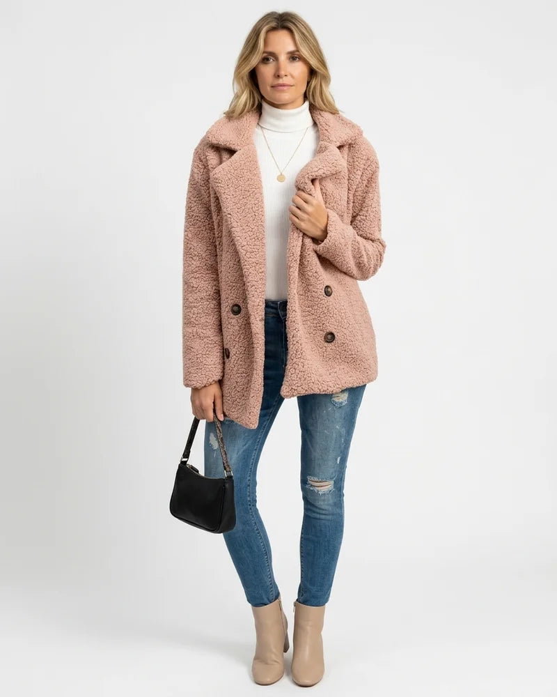 MARCFRANCOIS|Rosa Zion | Damen Teddyjacke Revers Knöpfe, Vorderansicht