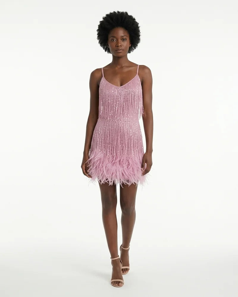 MARCFRANCOIS|Rosa Cleo | Damen Minikleid Fransen Federbesatz, Vorderansicht