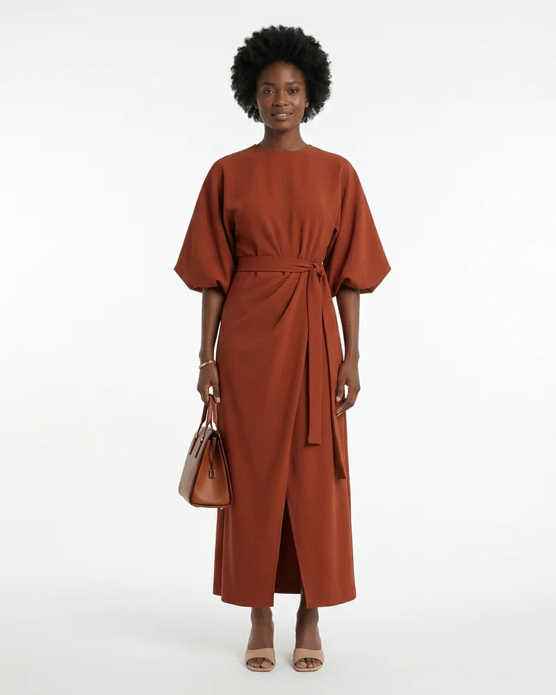 MARCFRANCOIS|Rostbraun Devon | Damen Maxikleid Gürtel Elegant, Vorderansicht
