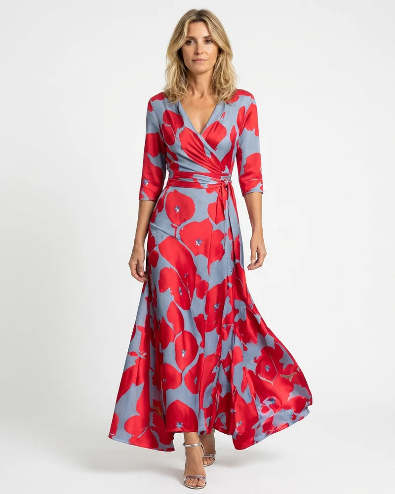 MARCFRANCOIS|Rot Harley | Damen Maxikleid Wickelkleid mit Print, Vorderansicht