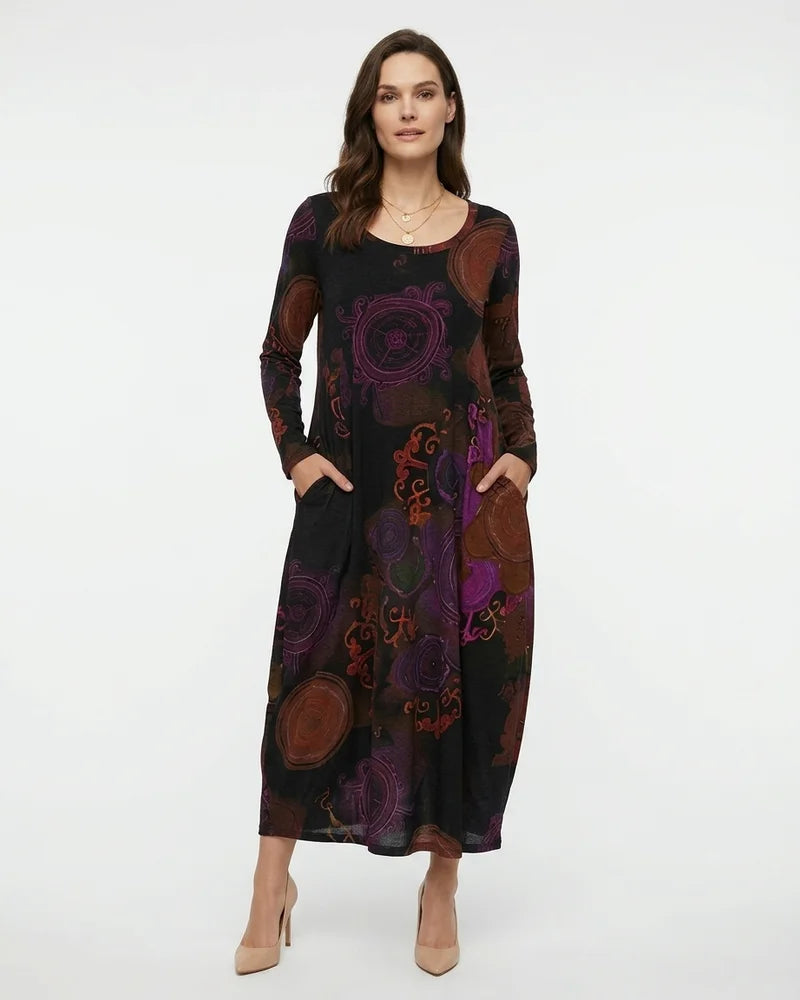MARCFRANCOIS|Rot Jordan | Damen Langarm Kleid Print Locker, Vorderansicht