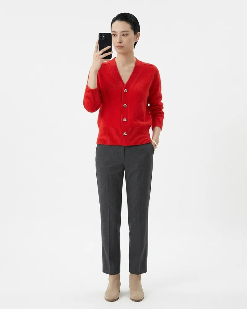 MARCFRANCOIS|Rot Gray | Damen Strickjacke V-Ausschnitt Knopfleiste, Vorderansicht