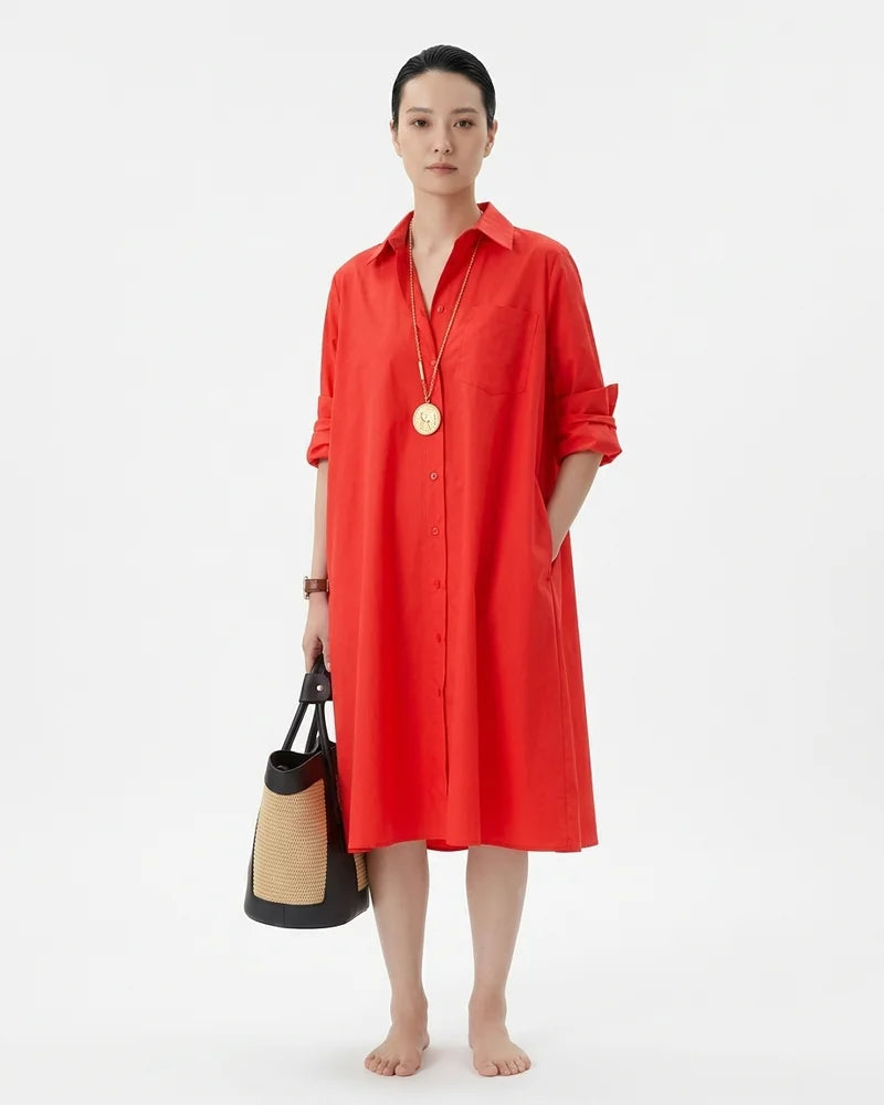 MARCFRANCOIS|Rot Ivory | Damen Hemdblusenkleid A-Linie Midi, Vorderansicht