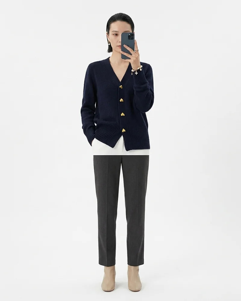 MARCFRANCOIS|Schwarz Gray | Damen Strickjacke V-Ausschnitt Knopfleiste, Vorderansicht