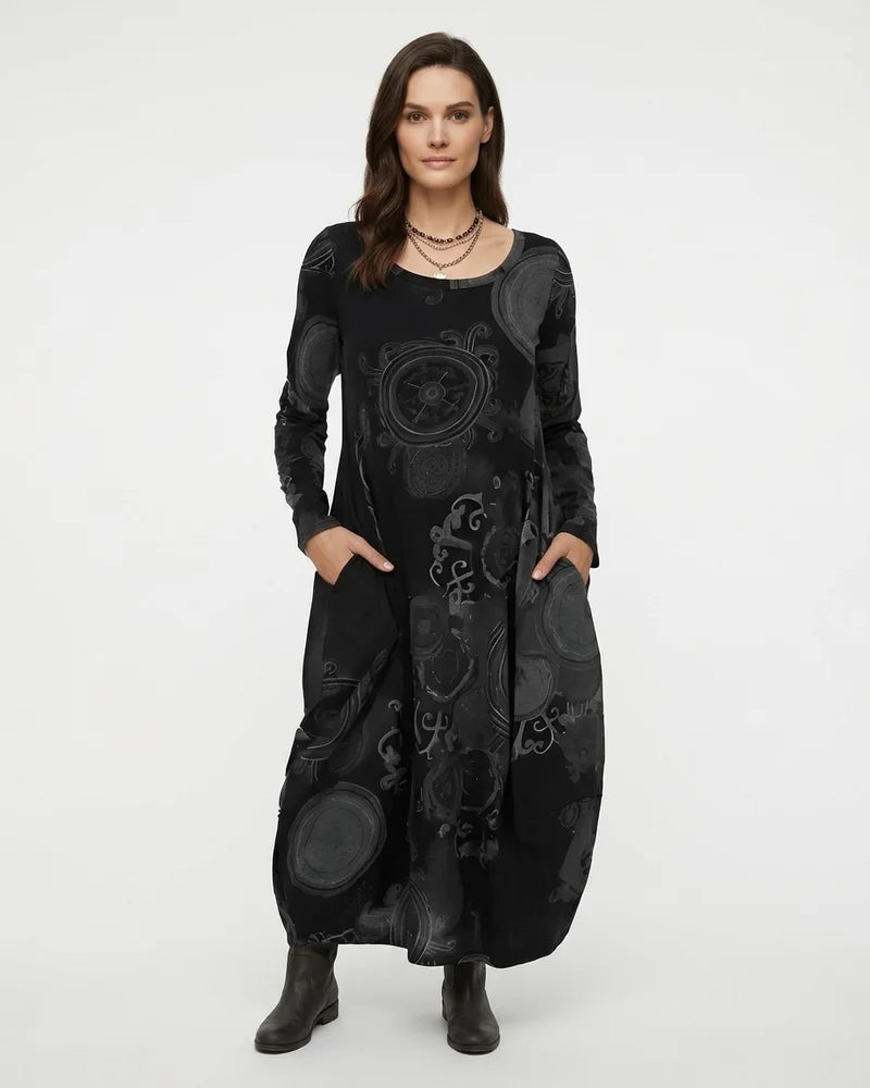 MARCFRANCOIS|Schwarz Jordan | Damen Langarm Kleid Print Locker, Vorderansicht