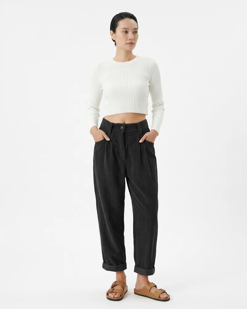 MARCFRANCOIS|Schwarz Marie | Damen Cordhose High Waist Weit, Vorderansicht