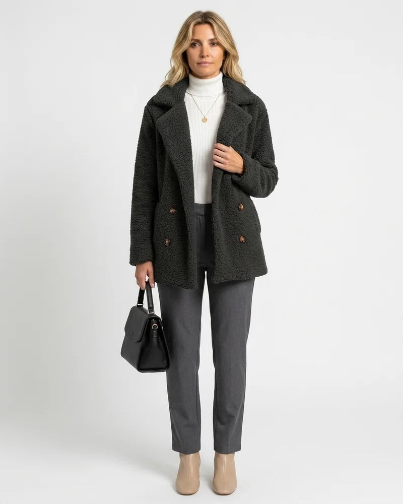 MARCFRANCOIS|Schwarz Zion | Damen Teddyjacke Revers Knöpfe, Vorderansicht