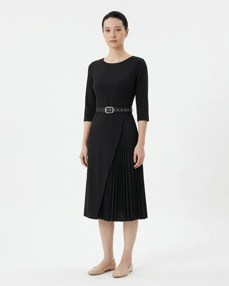 MARCFRANCOIS|Schwarz Sana | Damen Midikleid Gürtel 3/4-Arm, Vorderansicht
