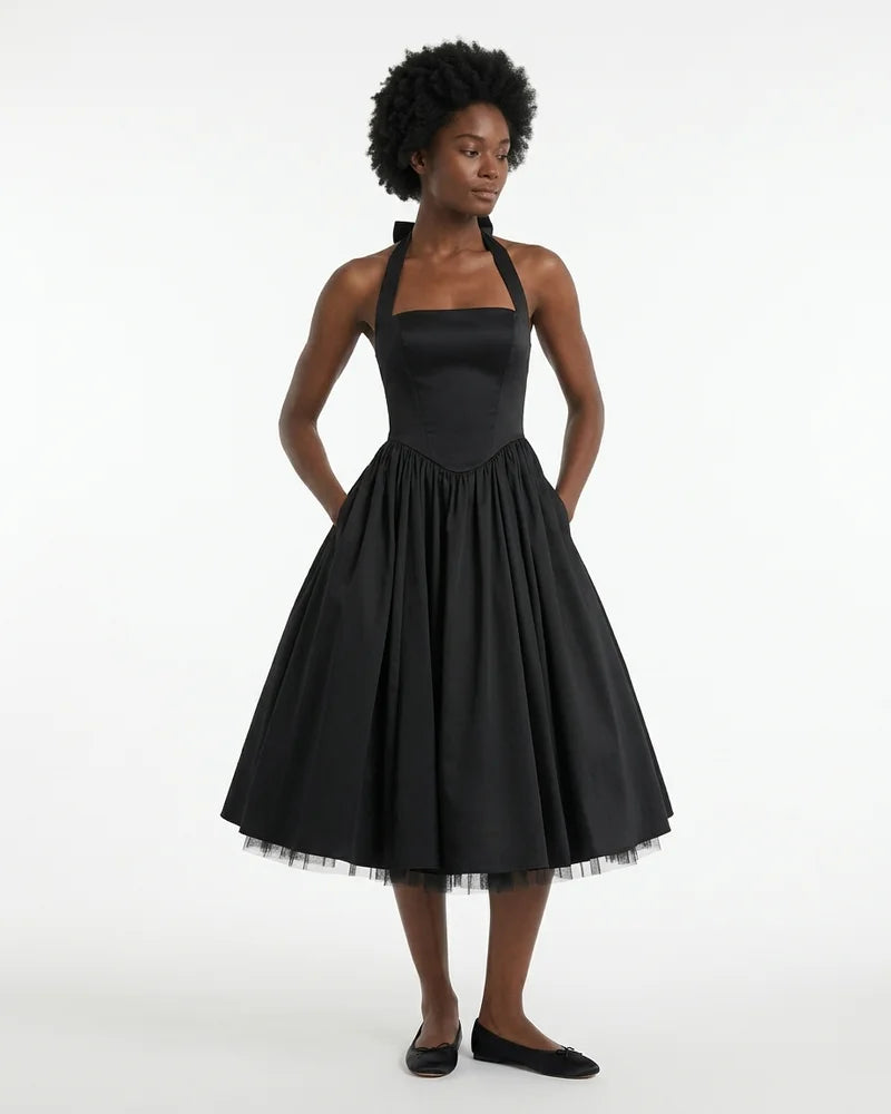 MARCFRANCOIS|Schwarz Emma | Damen Halterneck Midi Kleid Elegant, Vorderansicht