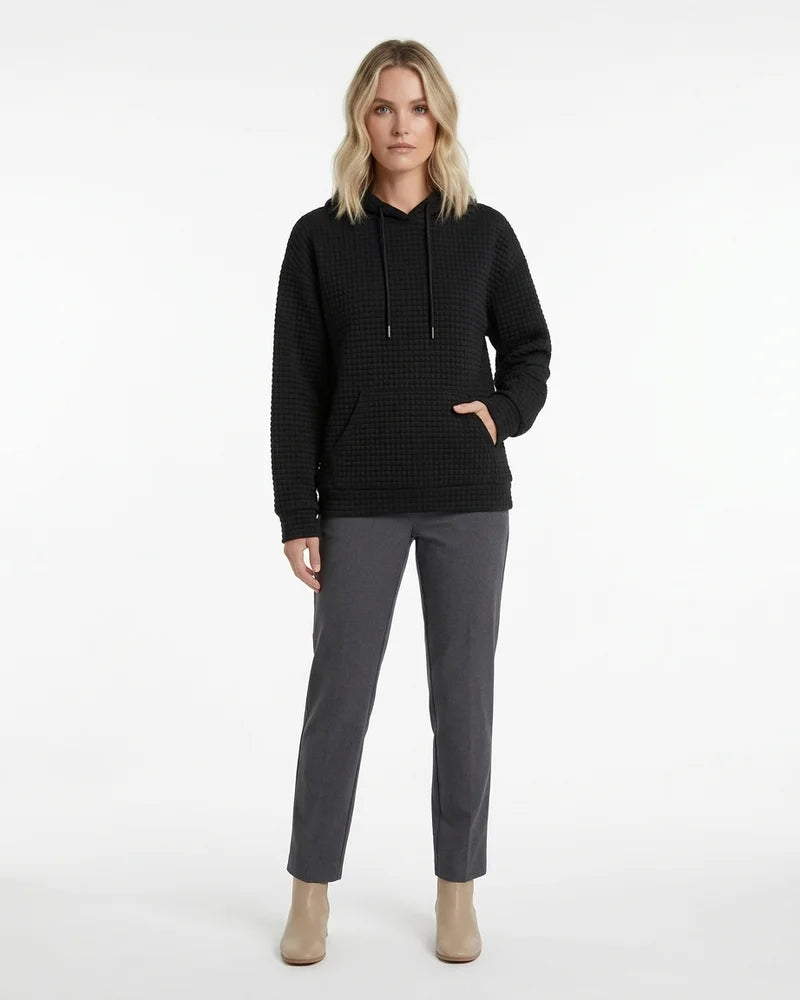 MARCFRANCOIS|Schwarz Greta | Damen Kapuzenpullover Waffelstruktur Langarm, Vorderansicht