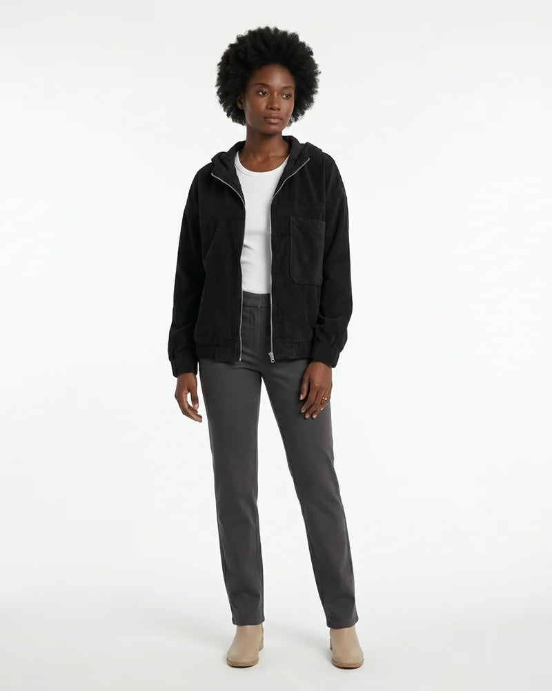 MARCFRANCOIS|Schwarz Cleo | Damen Cordjacke Freizeit Reißverschluss, Vorderansicht