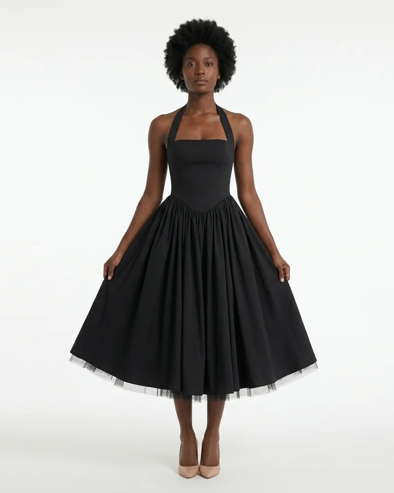 MARCFRANCOIS|Schwarz Emma | Damen Halterneck Midi Kleid Elegant, Vorderansicht